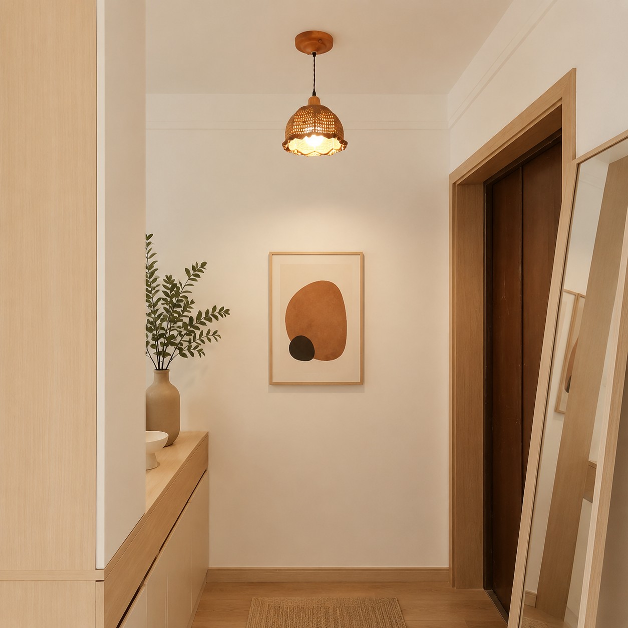 Retro woven pendant light in a warm hallway
