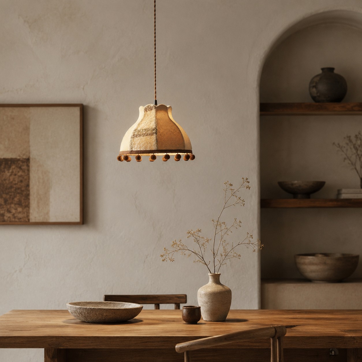 Lampadario a sospensione color verde caffè con motivo patchwork sopra un tavolo da pranzo.