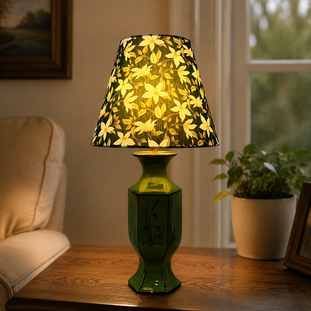 Vintage green floral ceramic table lamp in a styled interior