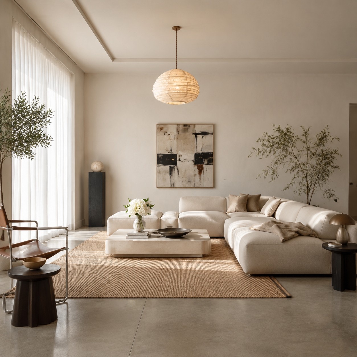 Wabi-Sabi-Leinen-Hängeleuchte über einem Sofa in einem gemütlichen Wohnzimmer