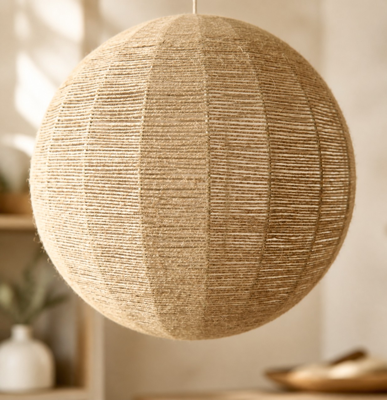 Close view of the rounded natural fiber pendant shade