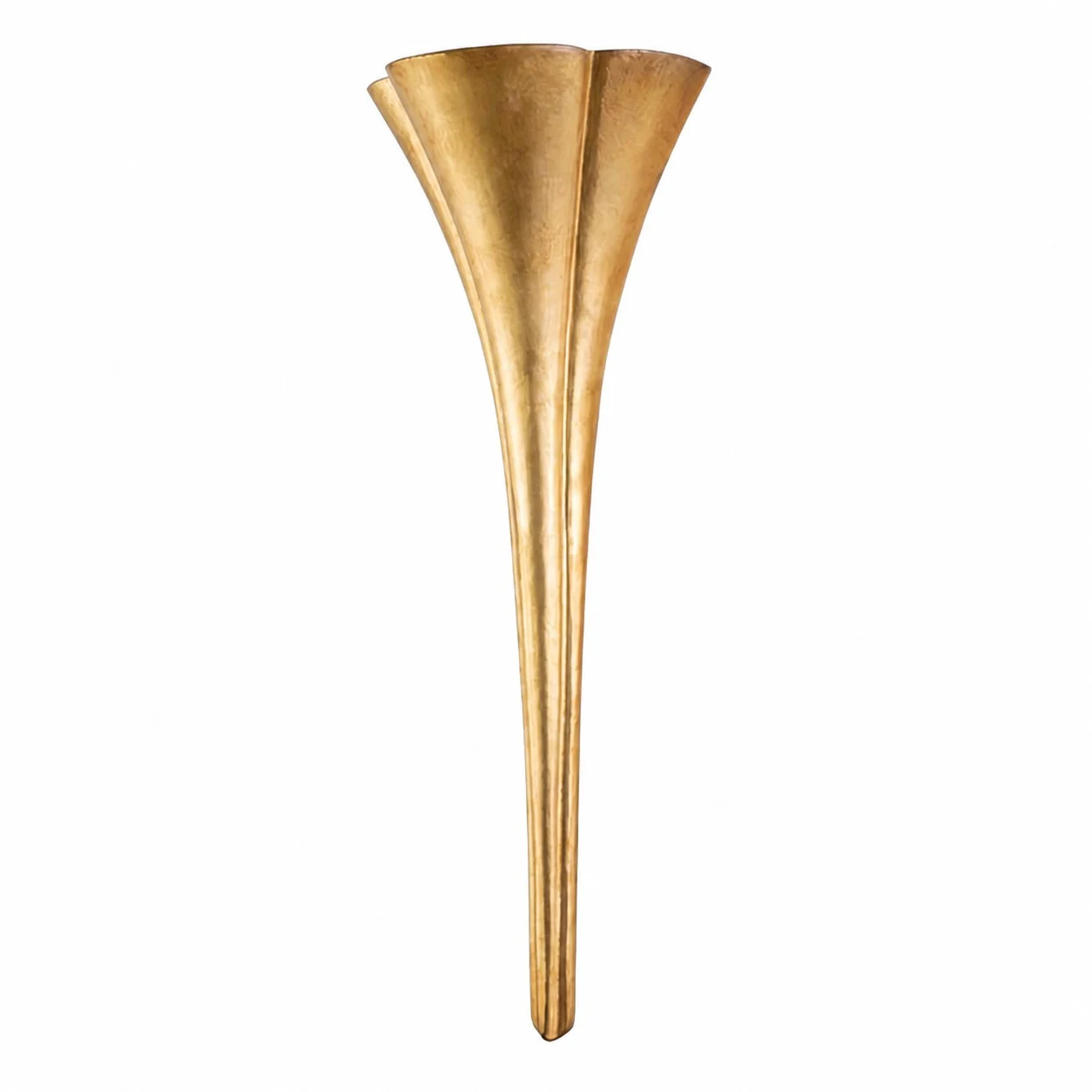 Warm brass trumpet wall sconce in the small size on a clean background