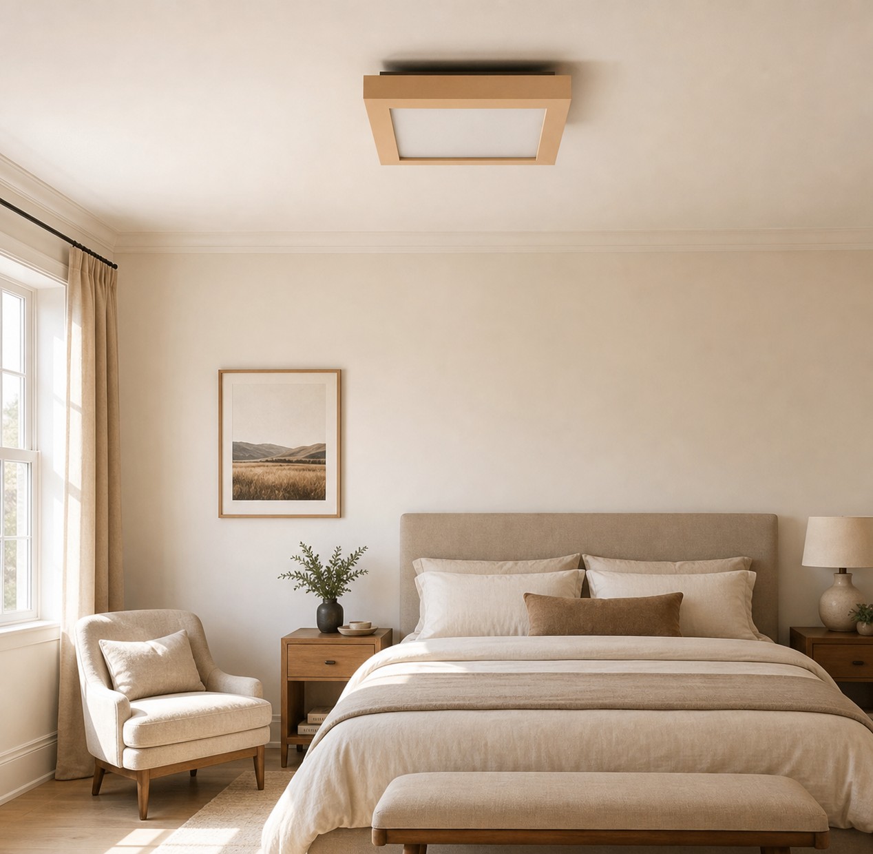Eine cremefarbene, quadratische Deckenleuchte wurde im Schlafzimmer installiert.
