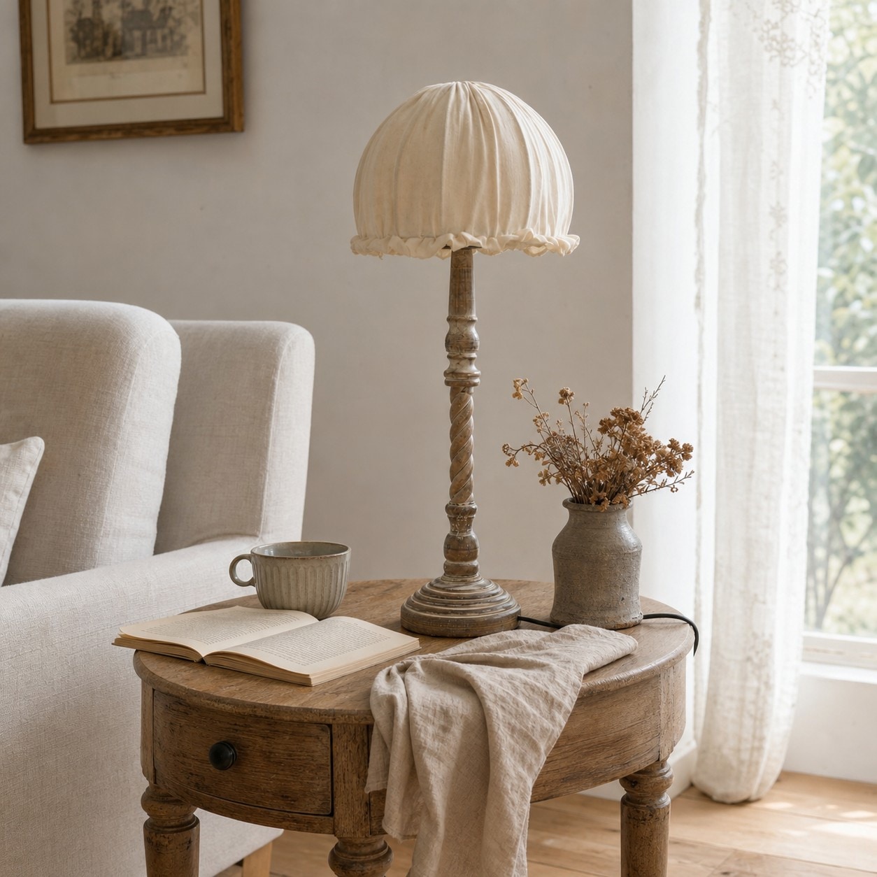 Voor rustige avonden, linnen texturen en een sfeervol vintage interieur.