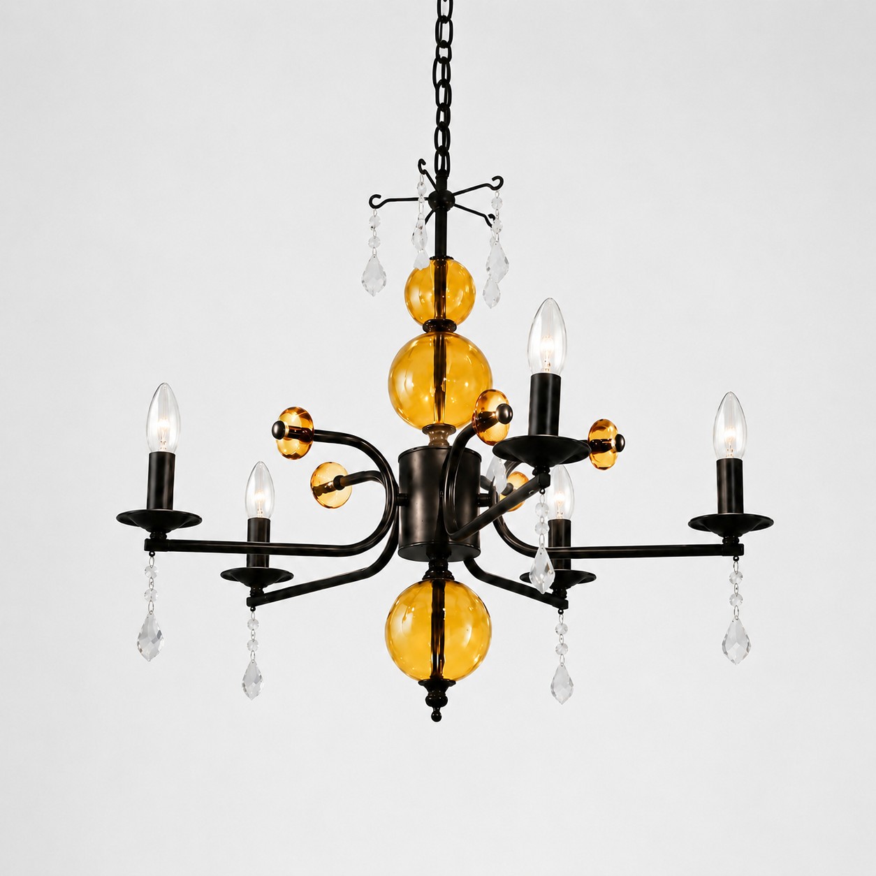 Lustre francês de cinco luzes em vidro âmbar