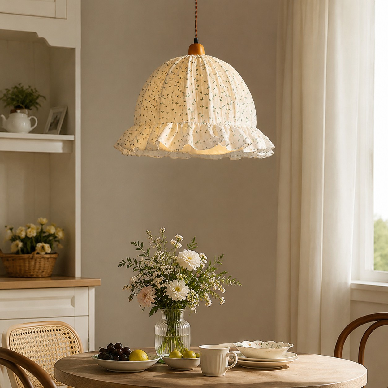 Ruffled fabric pendant in a dining corner