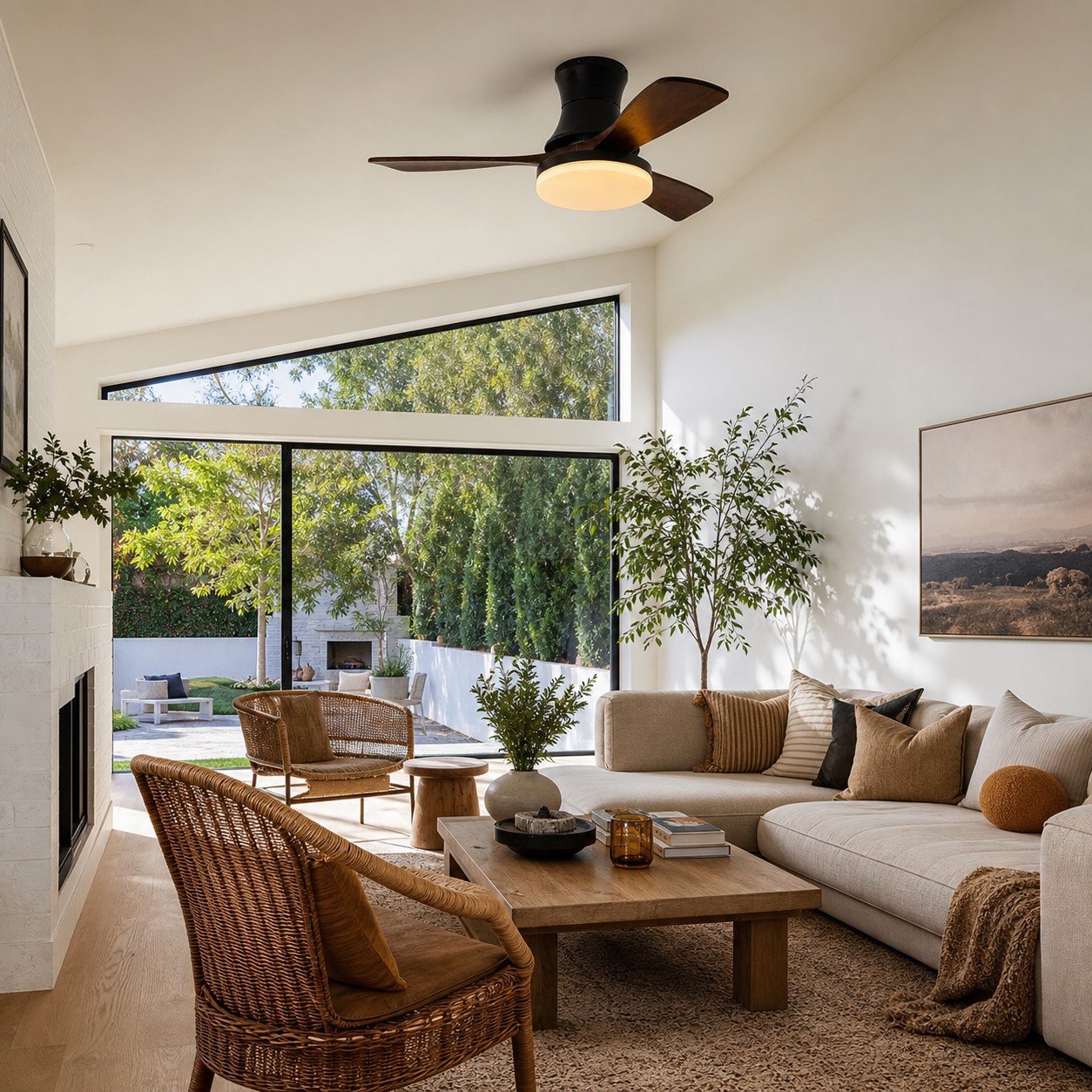 Black walnut flush mount ceiling fan light in a bright living room