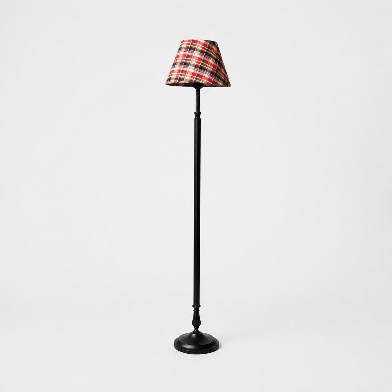 Vintage black iron floor lamp with Academy Plaid shade