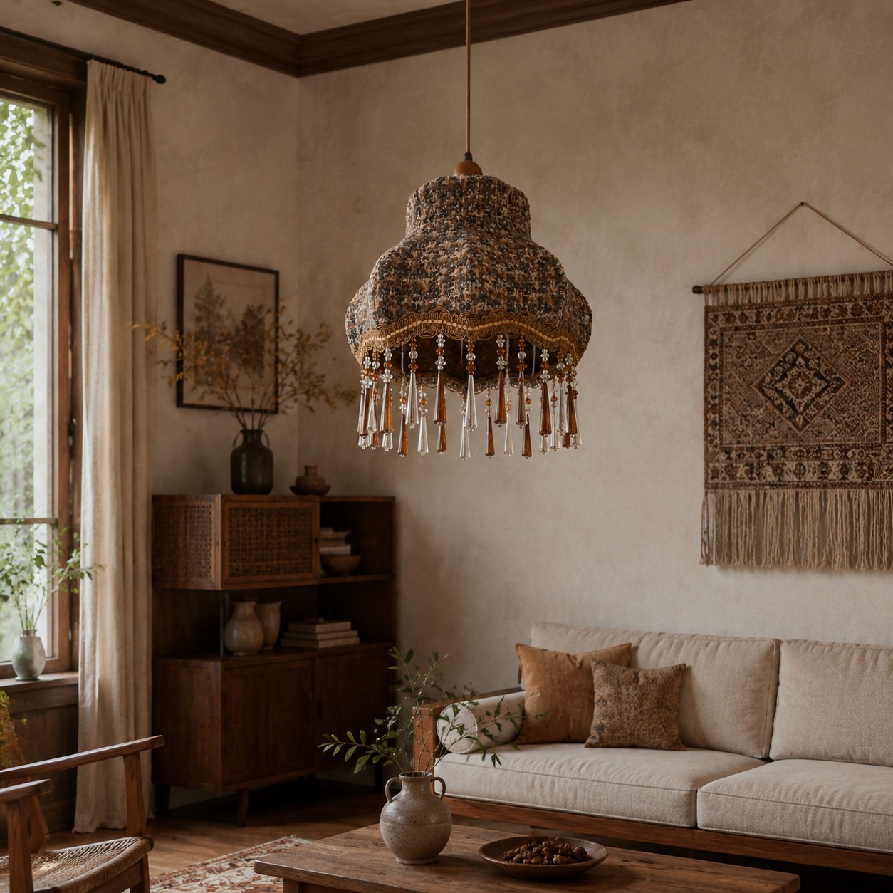 Fabric fringe pendant lamp in a living room