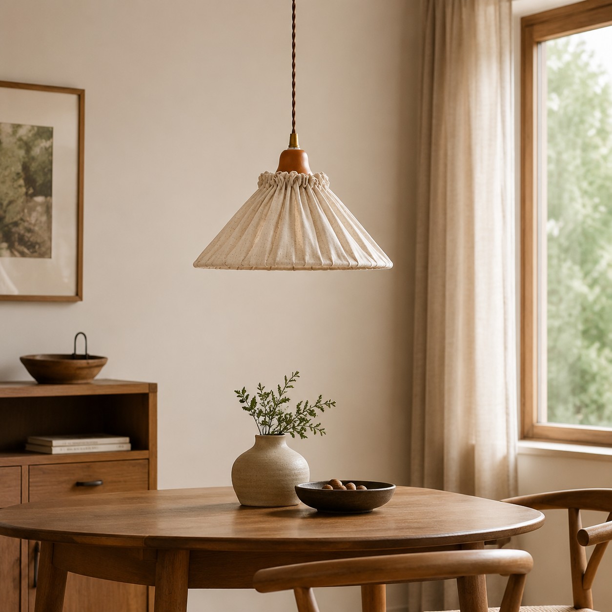 Eine plissierte Leinen-Pendelleuchte hängt über einem runden Esstisch aus Holz neben einem hellen Fenster.