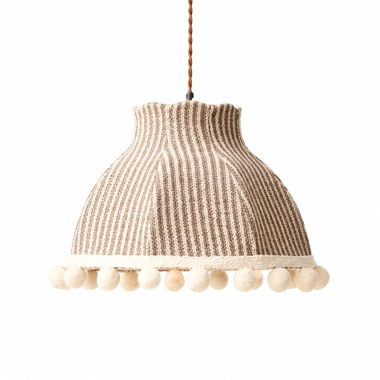 Lampada a sospensione in tessuto color crema con pompon
