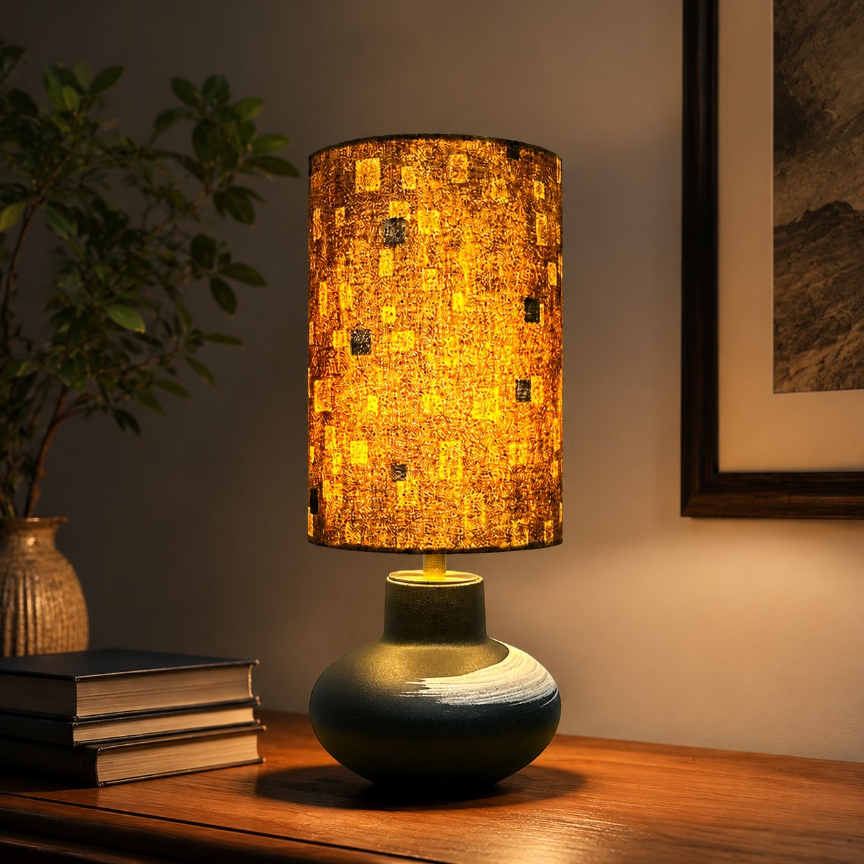 Speckled ceramic table lamp styled on a bedside table