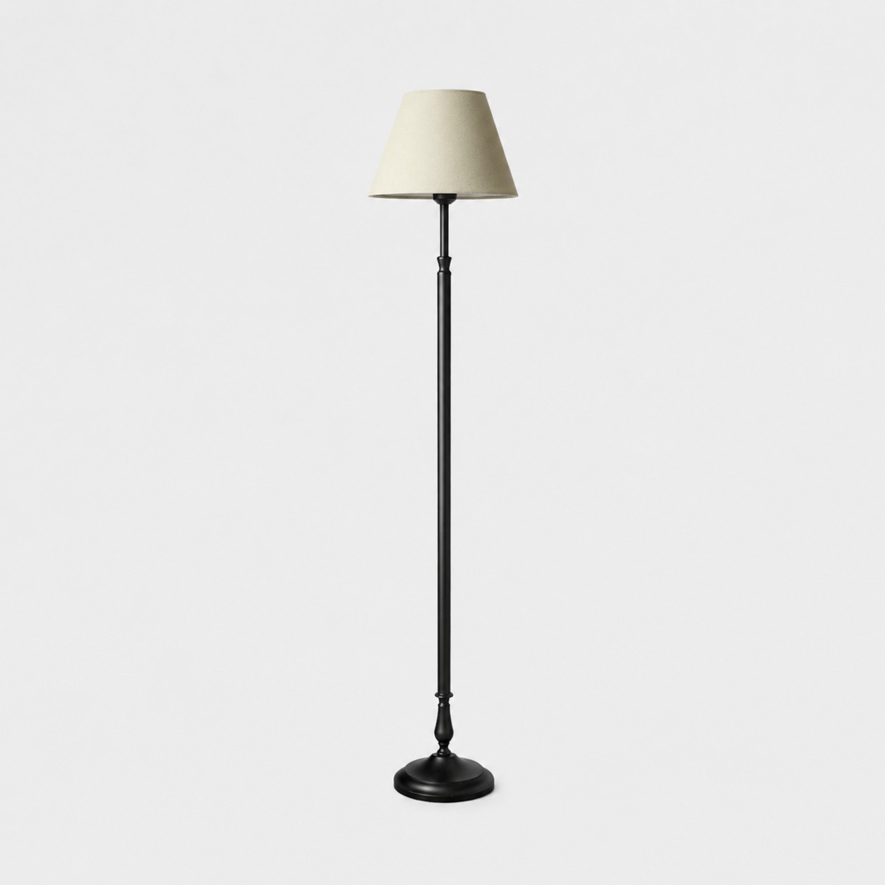 Vintage black iron floor lamp with soft sage fabric shade