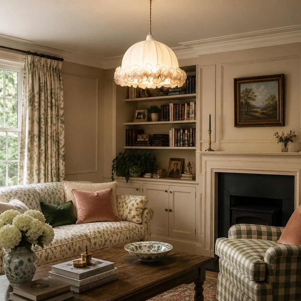 Ruffled fabric pendant light in a vintage living room