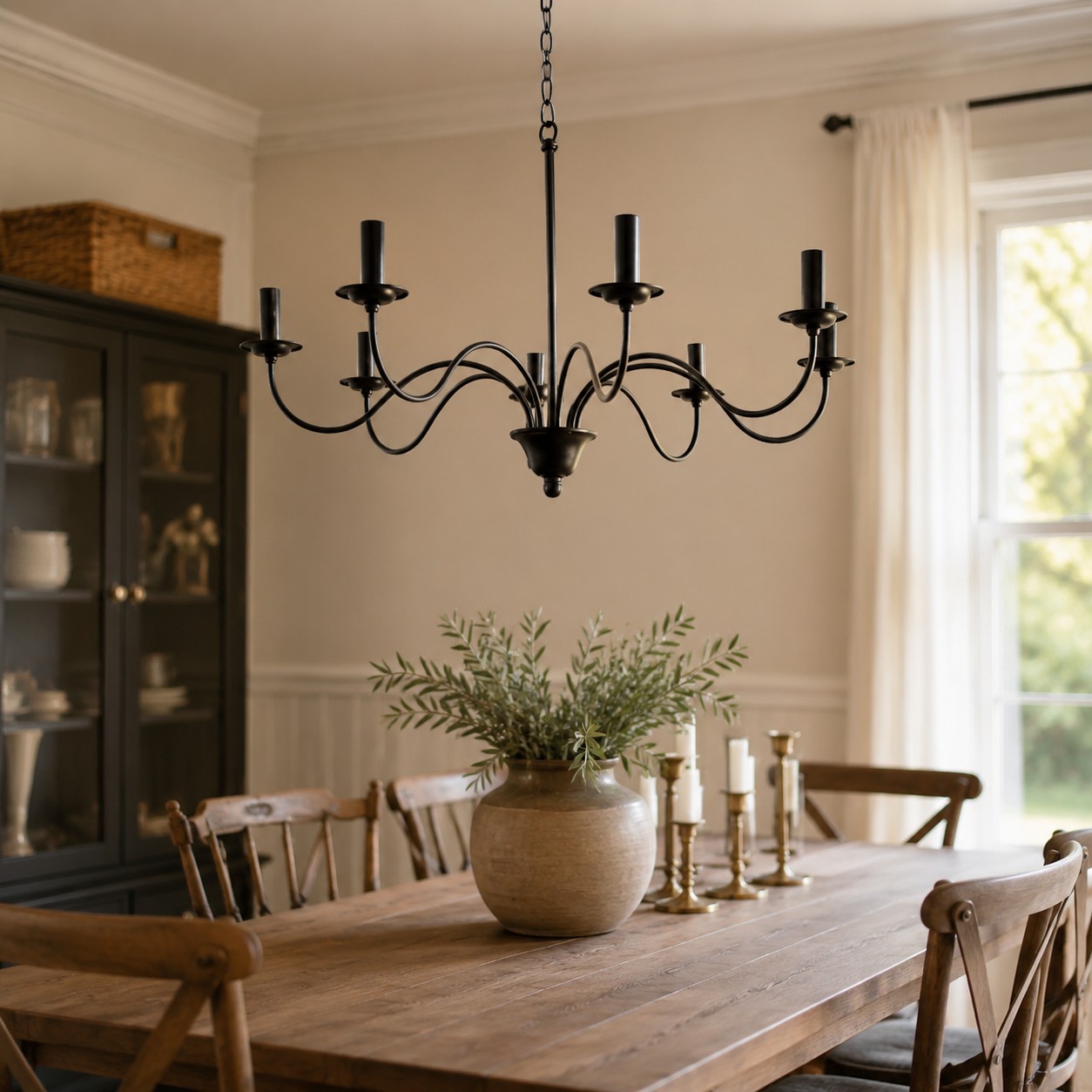 Lustre de ferro preto em estilo vela sobre uma mesa de jantar aconchegante.