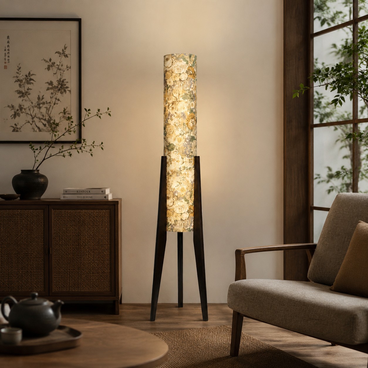 Vintage ivory floral floor lamp glowing beside a lounge chair and wood cabinet
