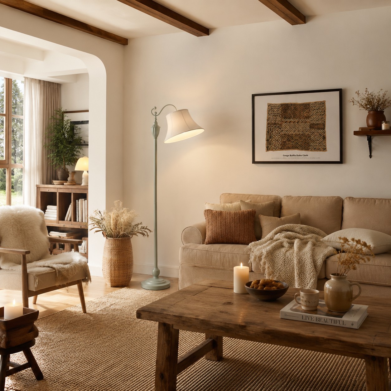 Sage green floor lamp beside a sofa in a warm country living room