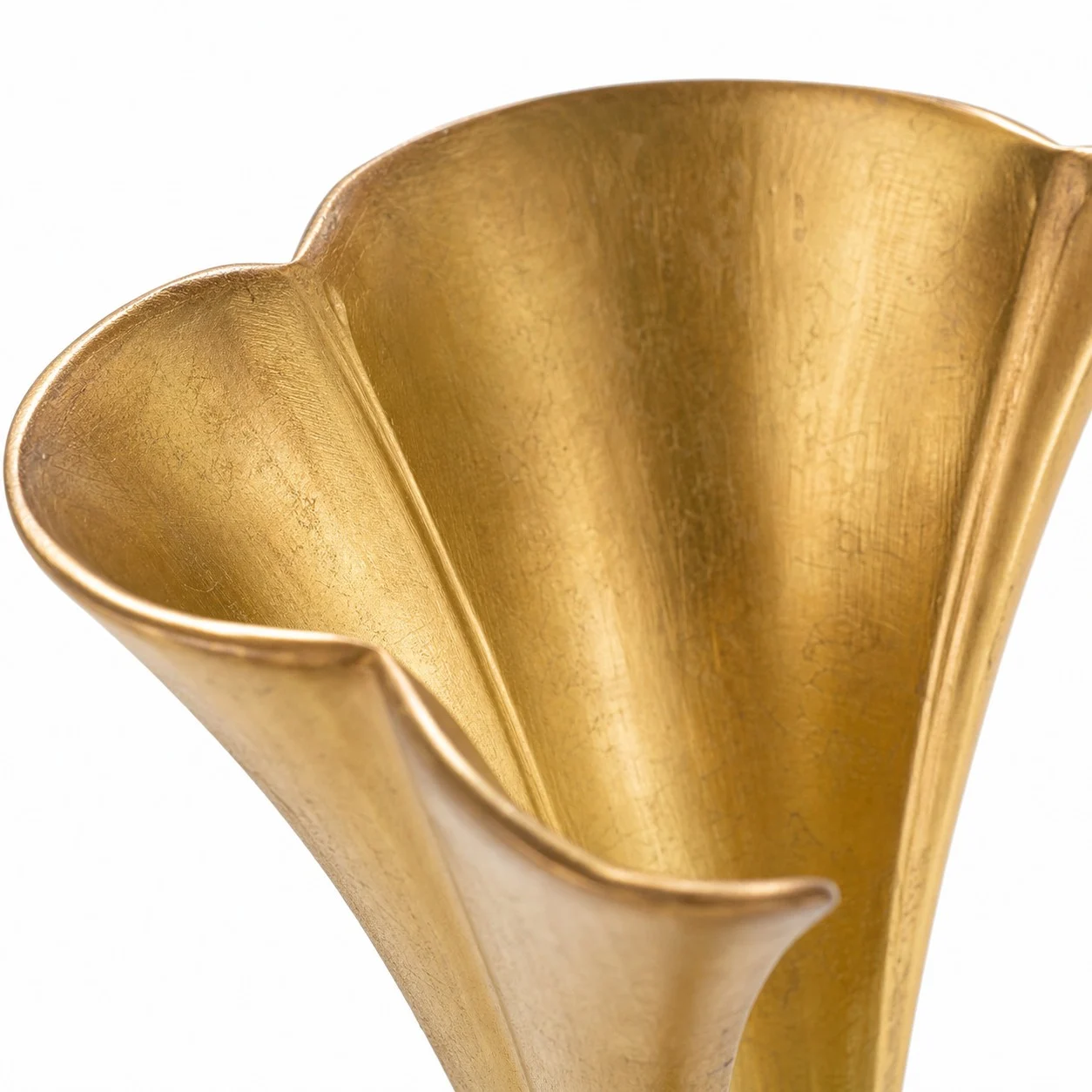 Close view of the flared trumpet rim and inner brass surface