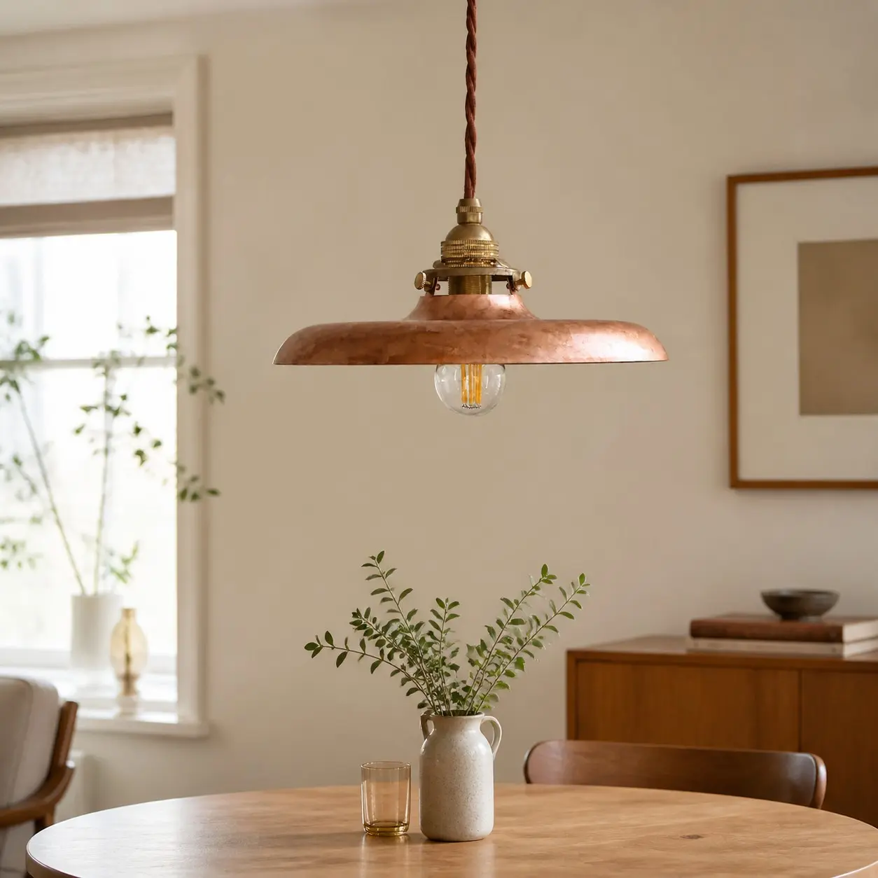 Lampada a sospensione color oro anticato sopra un tavolo da pranzo.