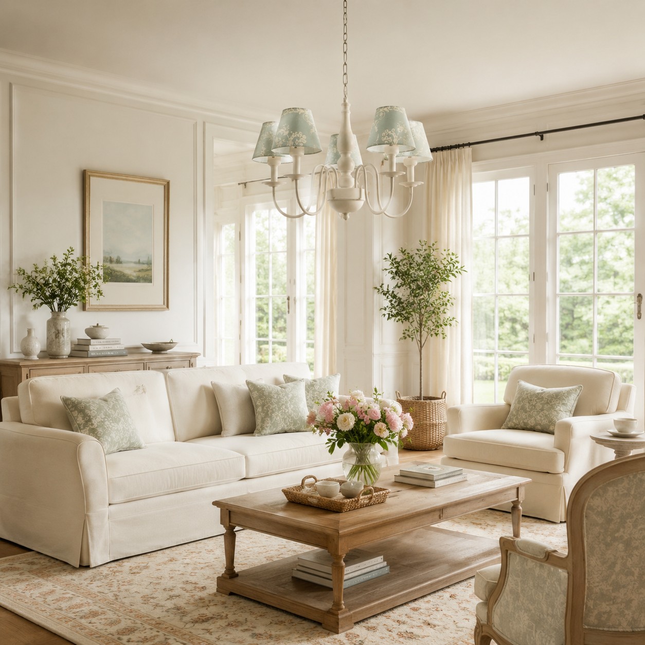 Fabric shade chandelier in an airy living room