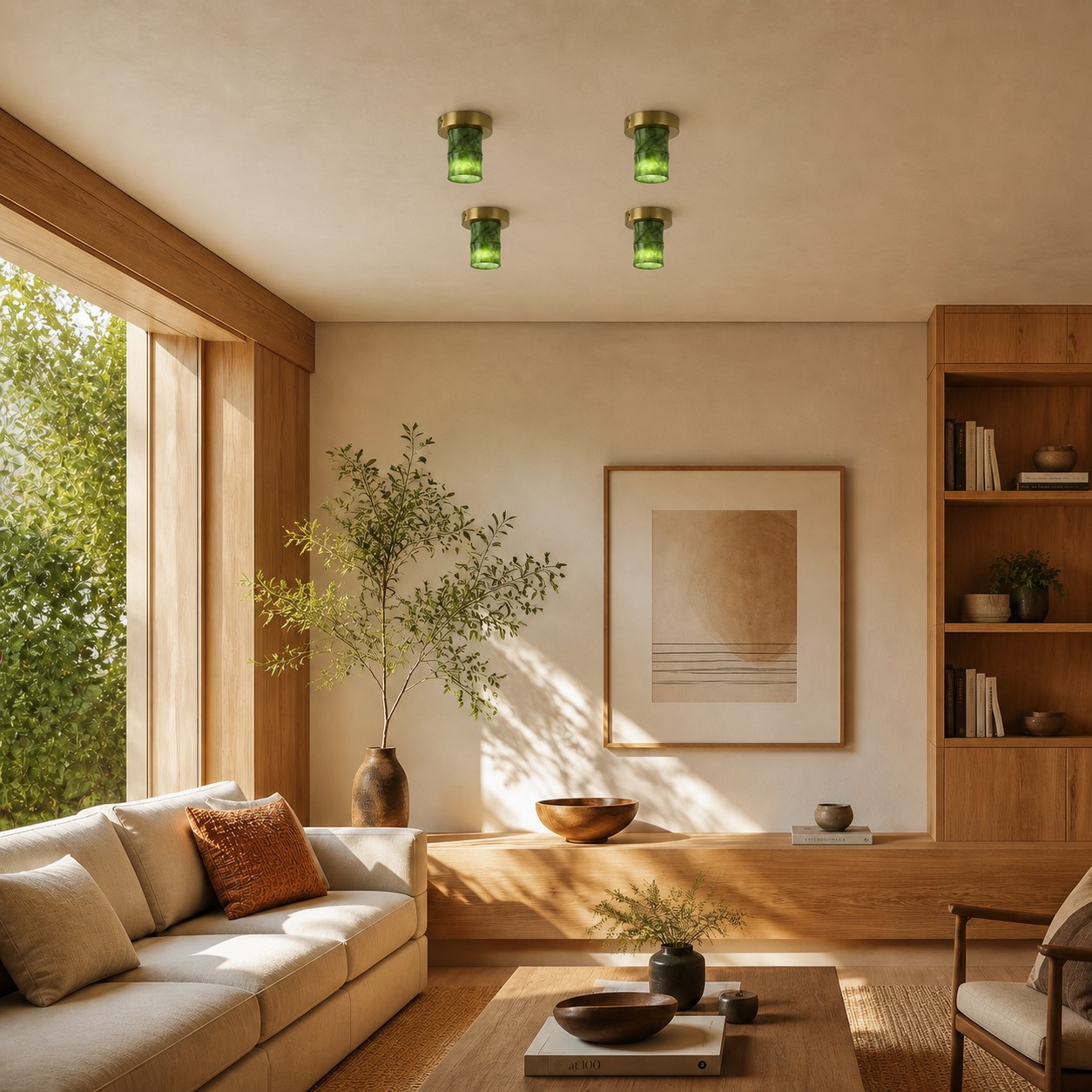 Cuatro lámparas de techo Jade Lamps en una cálida sala de estar.