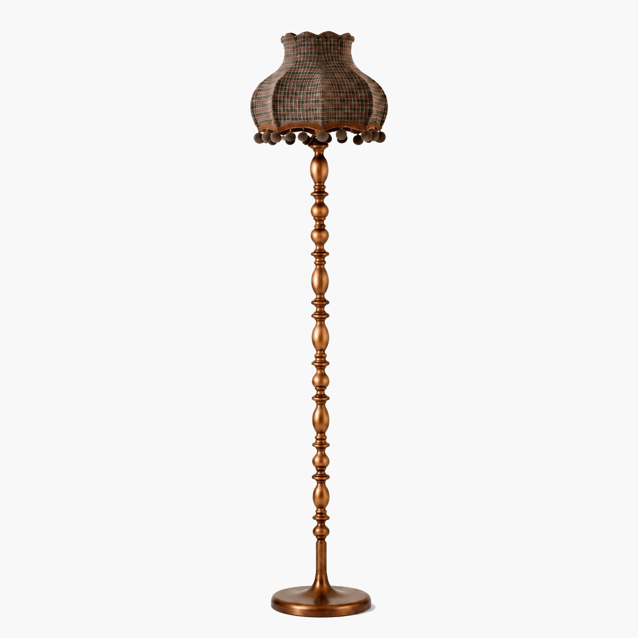 Full view of vintage floor lamp with blue and orange fine check fabric shade