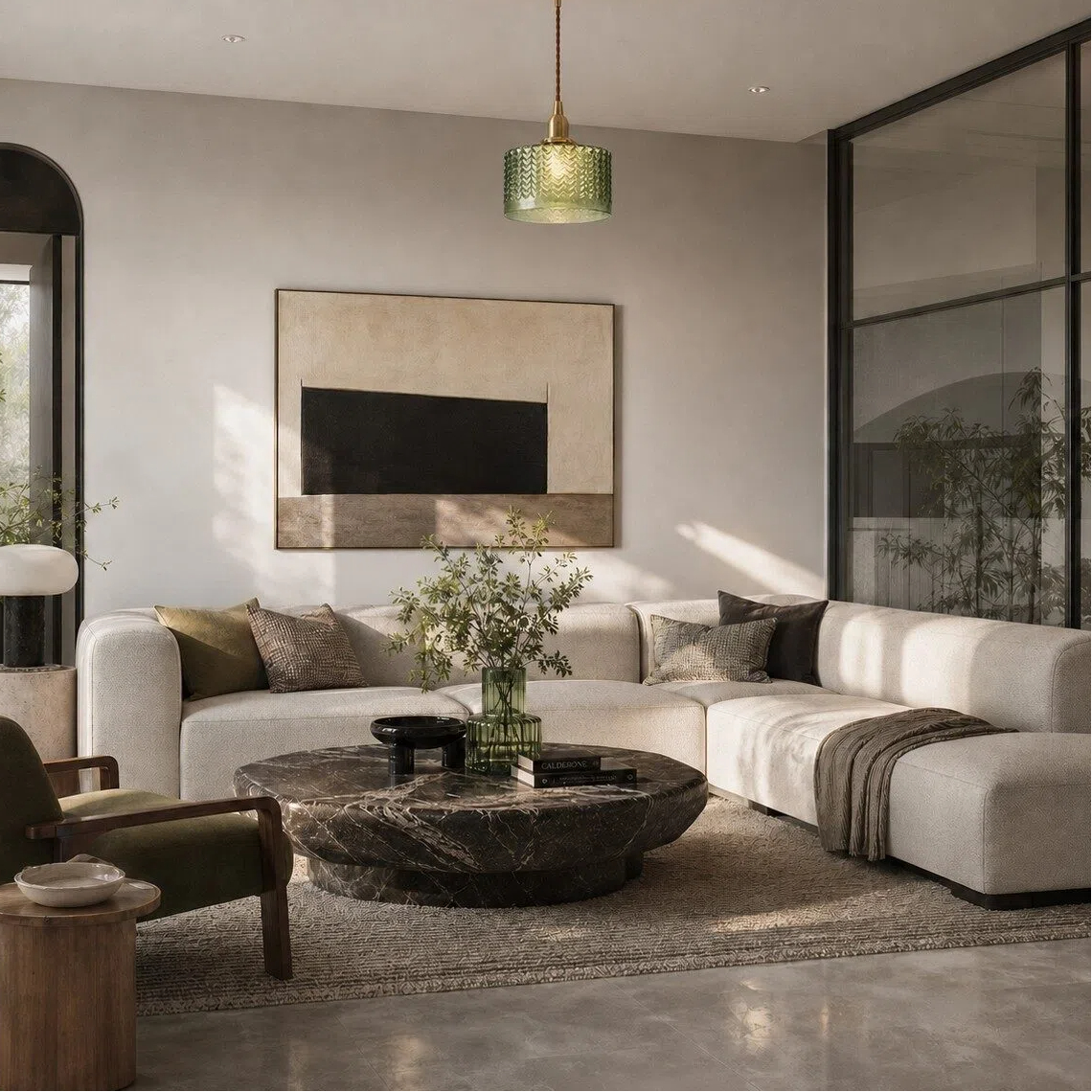 Lampadario a sospensione in vetro color smeraldo in un soggiorno moderno