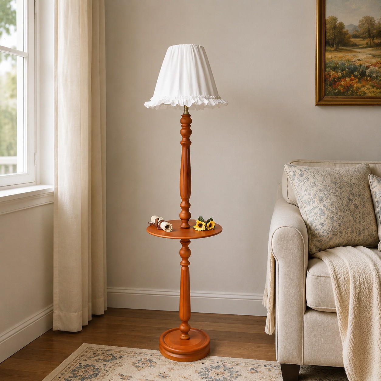 Vintage solid wood floor lamp in a home interior