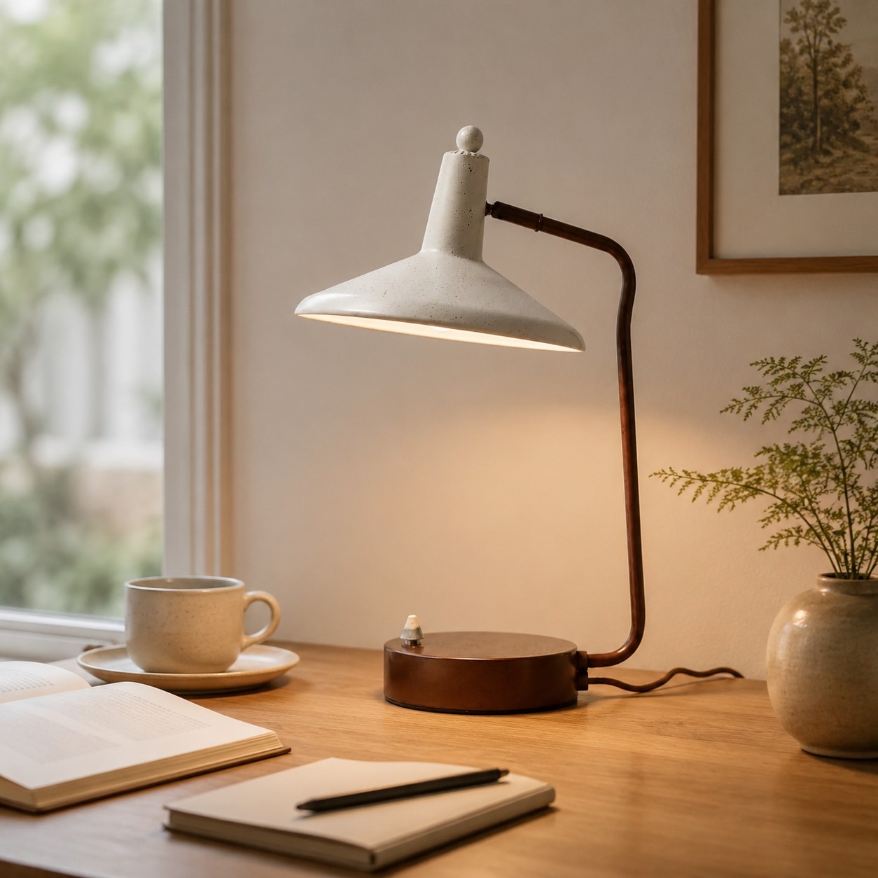 Lampada da scrivania color avorio e marrone che illumina un libro aperto vicino a una finestra