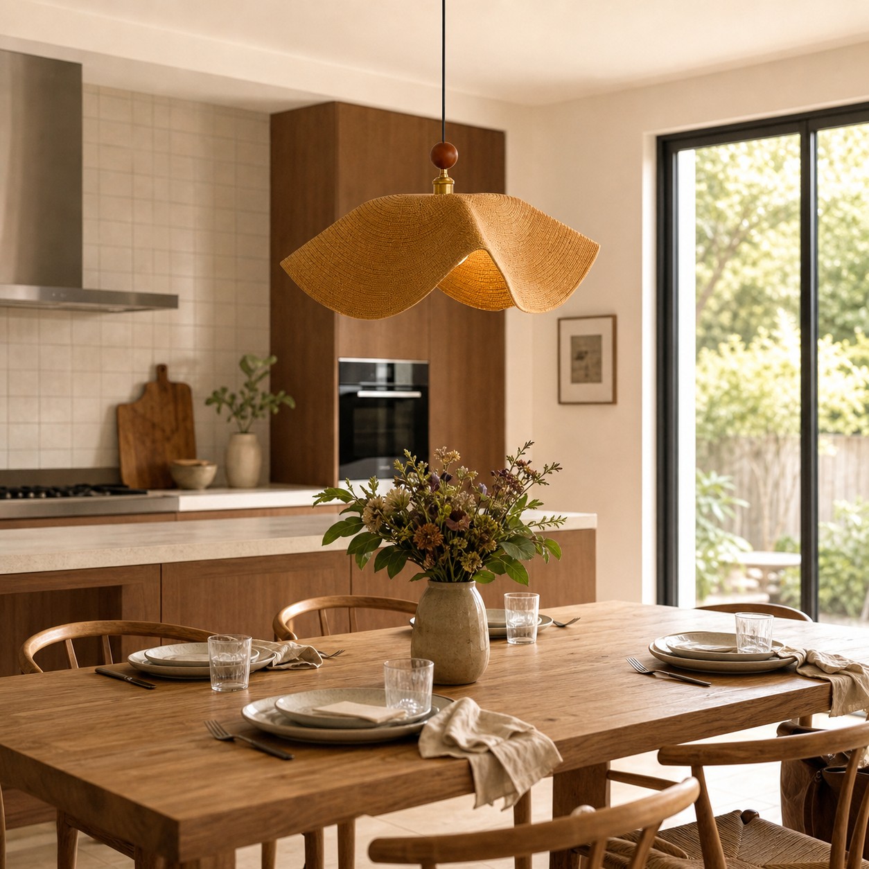 Brown woven fabric pendant lamp above a dining table in a warm modern kitchen