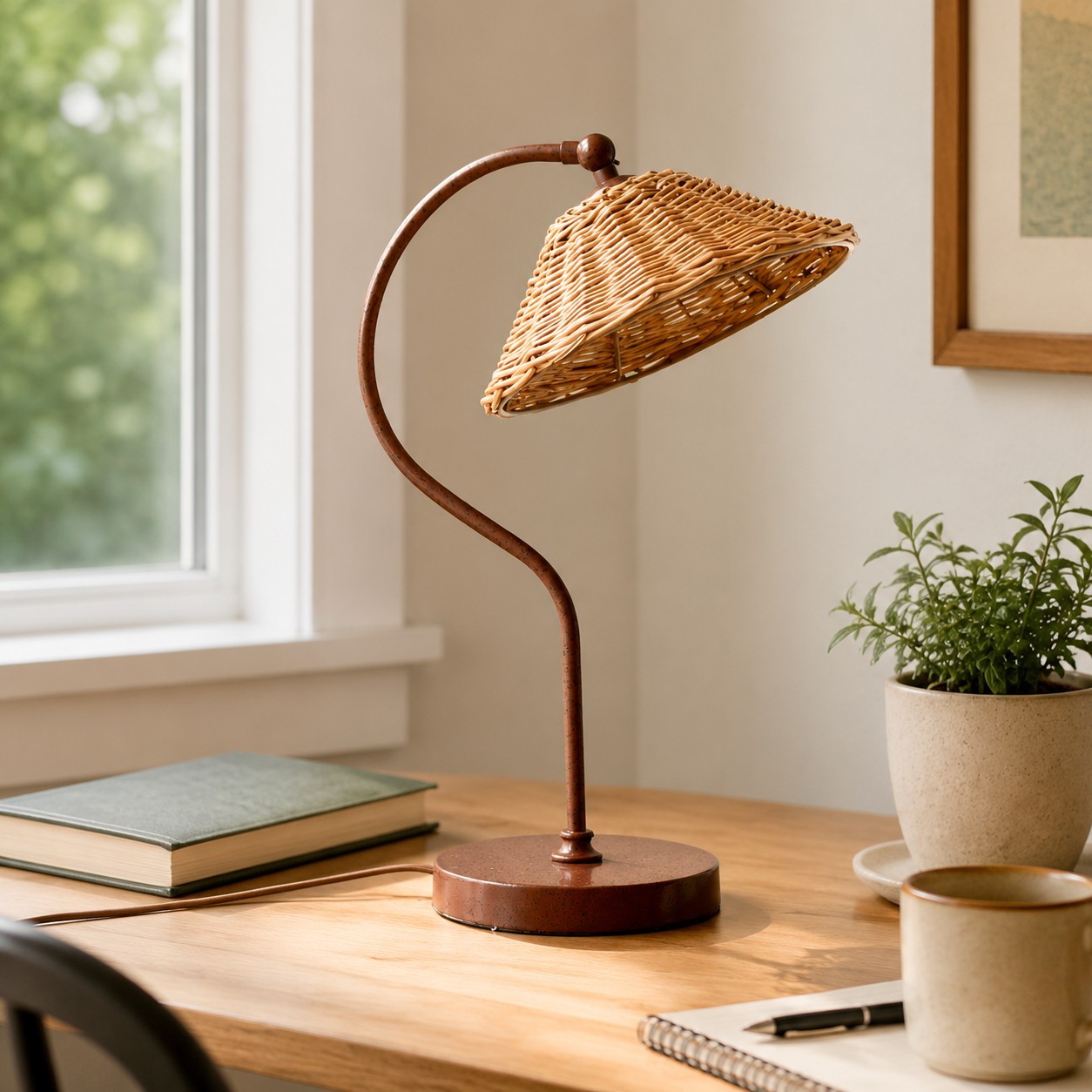 Handwoven rattan shade table lamp styled on a wooden desk