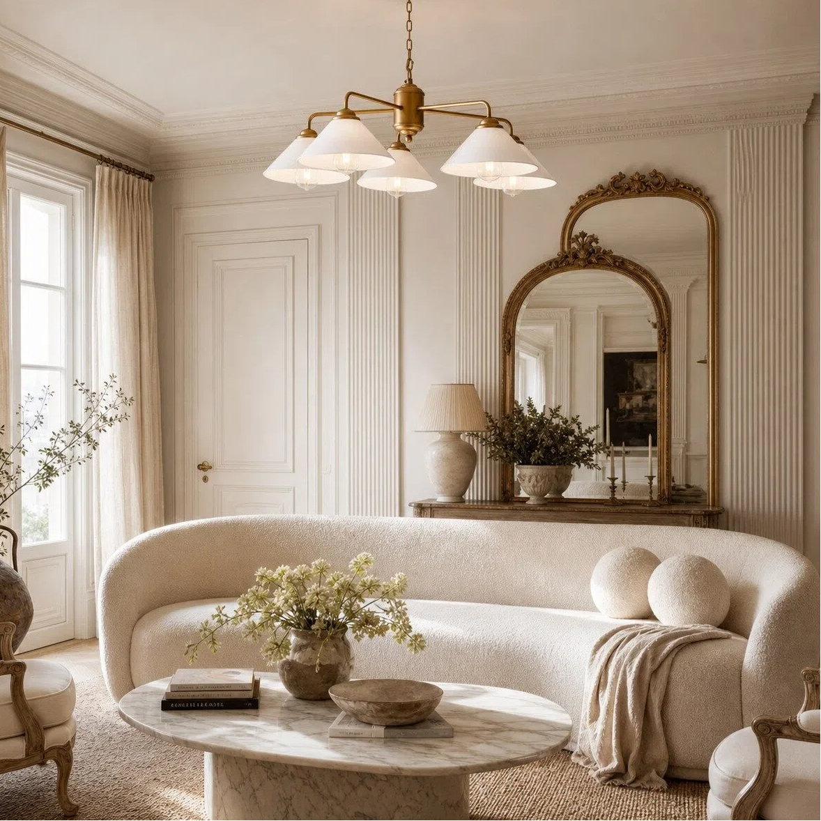 Lampadario vintage installato in un elegante soggiorno luminoso.