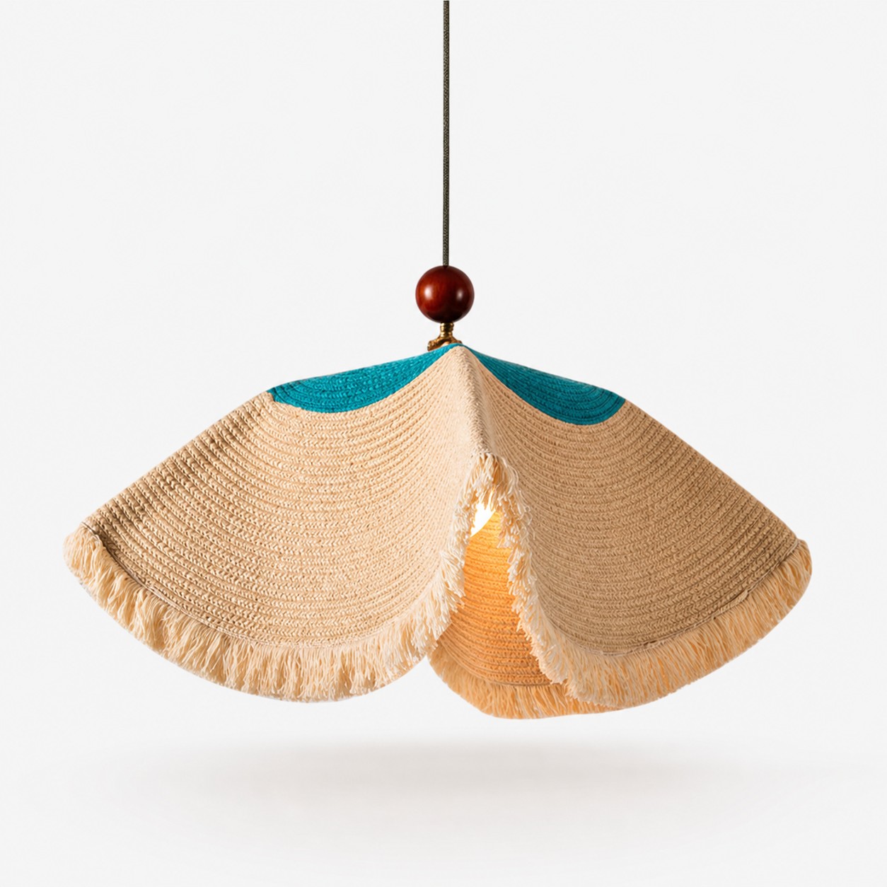 Ivory woven fabric pendant lamp with fringe trim