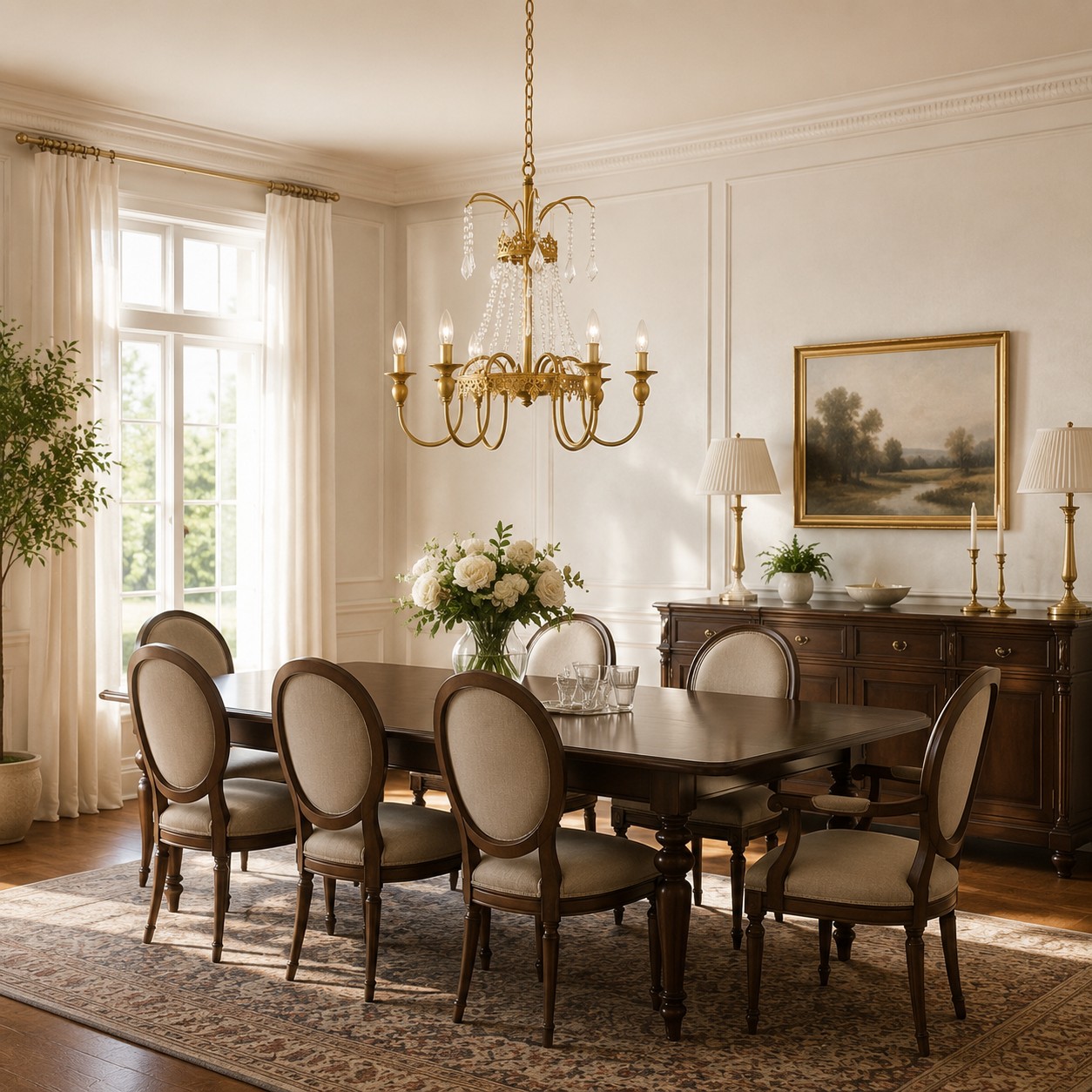 French candle chandelier above a dining table