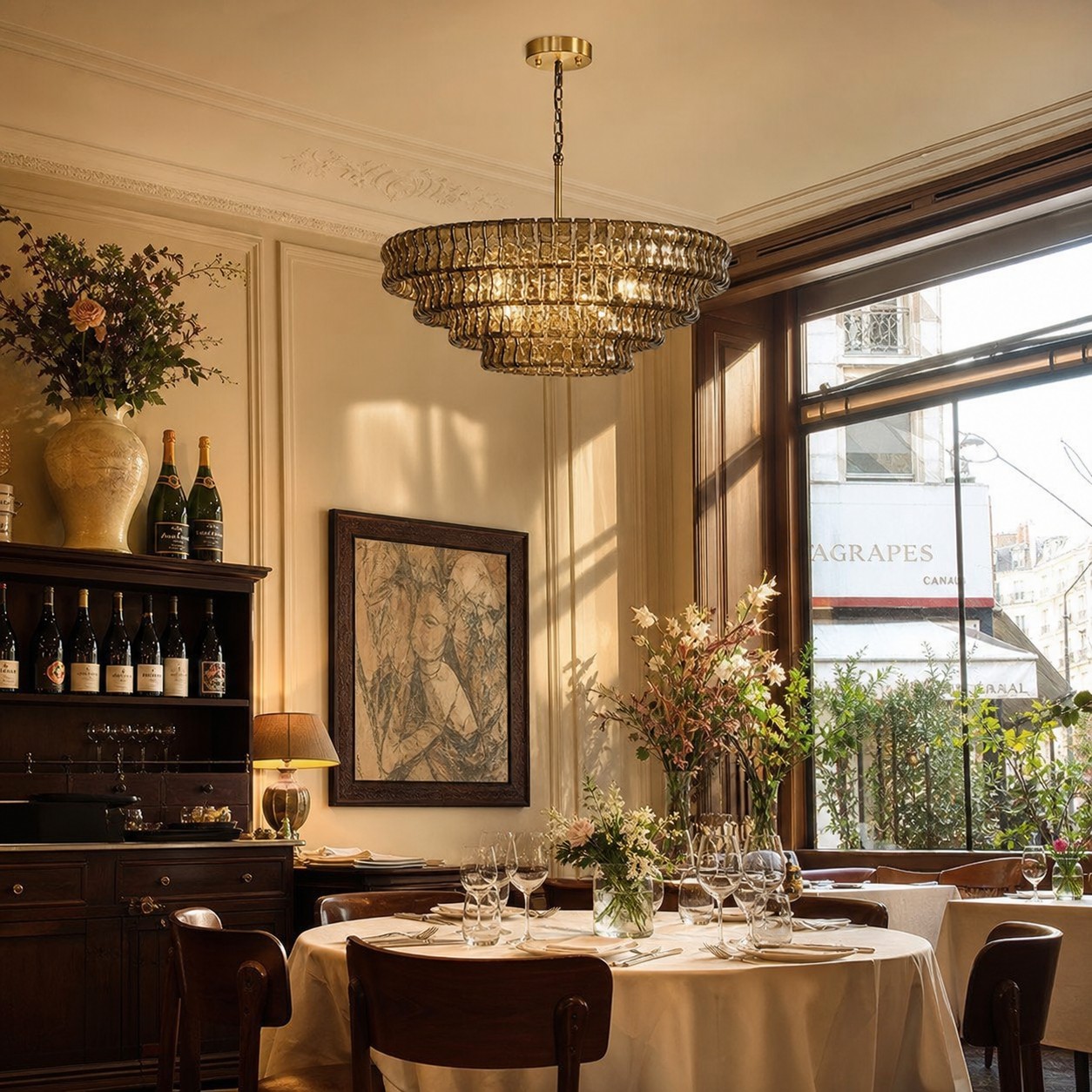 Lampadario in vetro ondulato installato sopra un tavolo da pranzo.