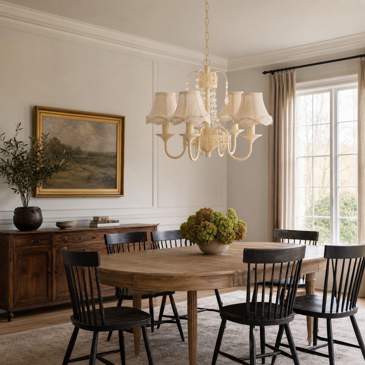 Lustre estilo francês campestre sobre uma mesa de jantar