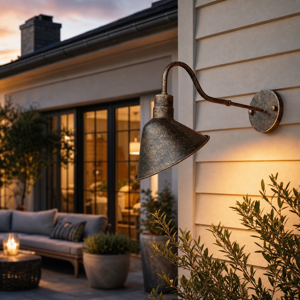 Vintage outdoor wall sconce installed beside a patio seating area