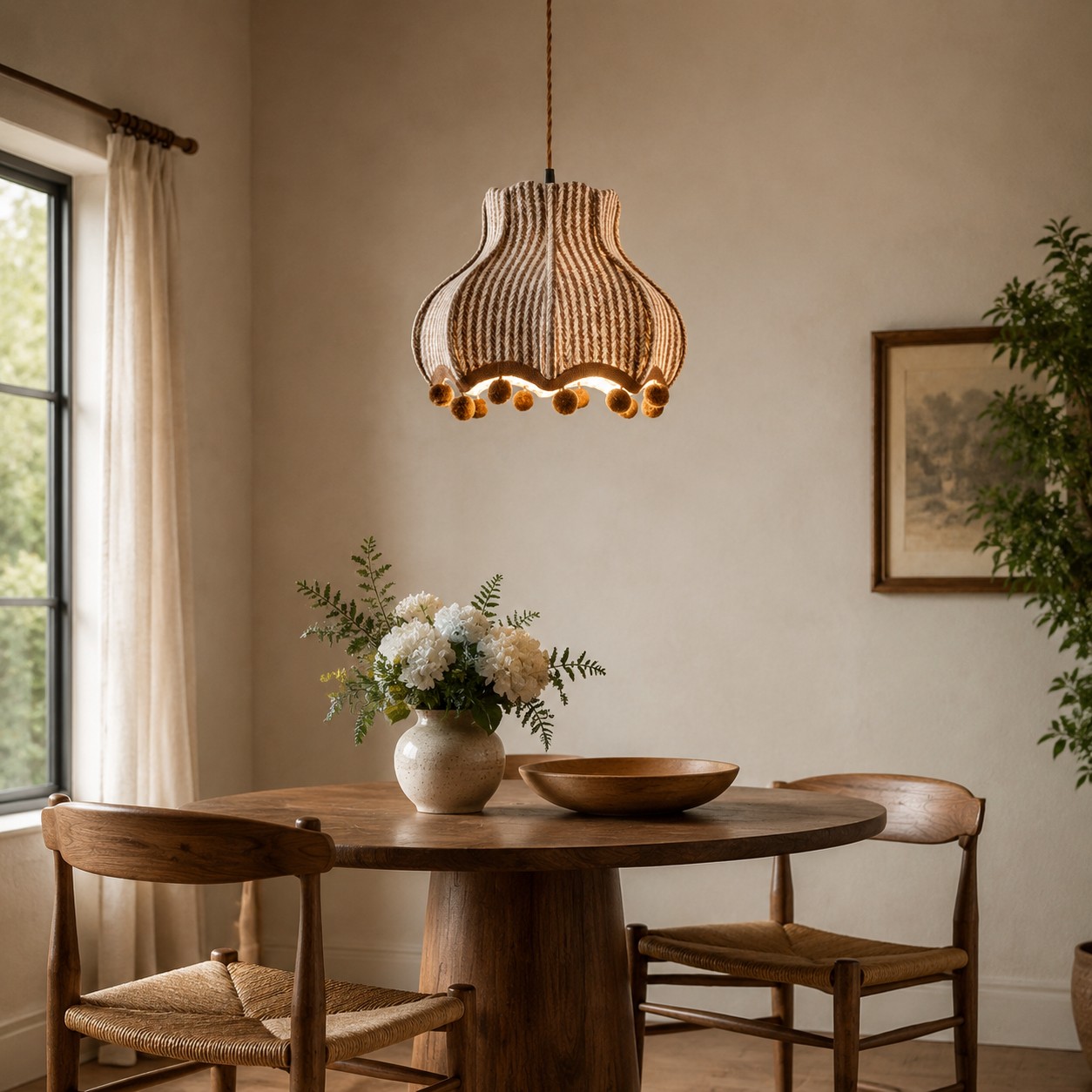 Lampada a sospensione vintage francese in tessuto installata sopra un tavolo da pranzo.