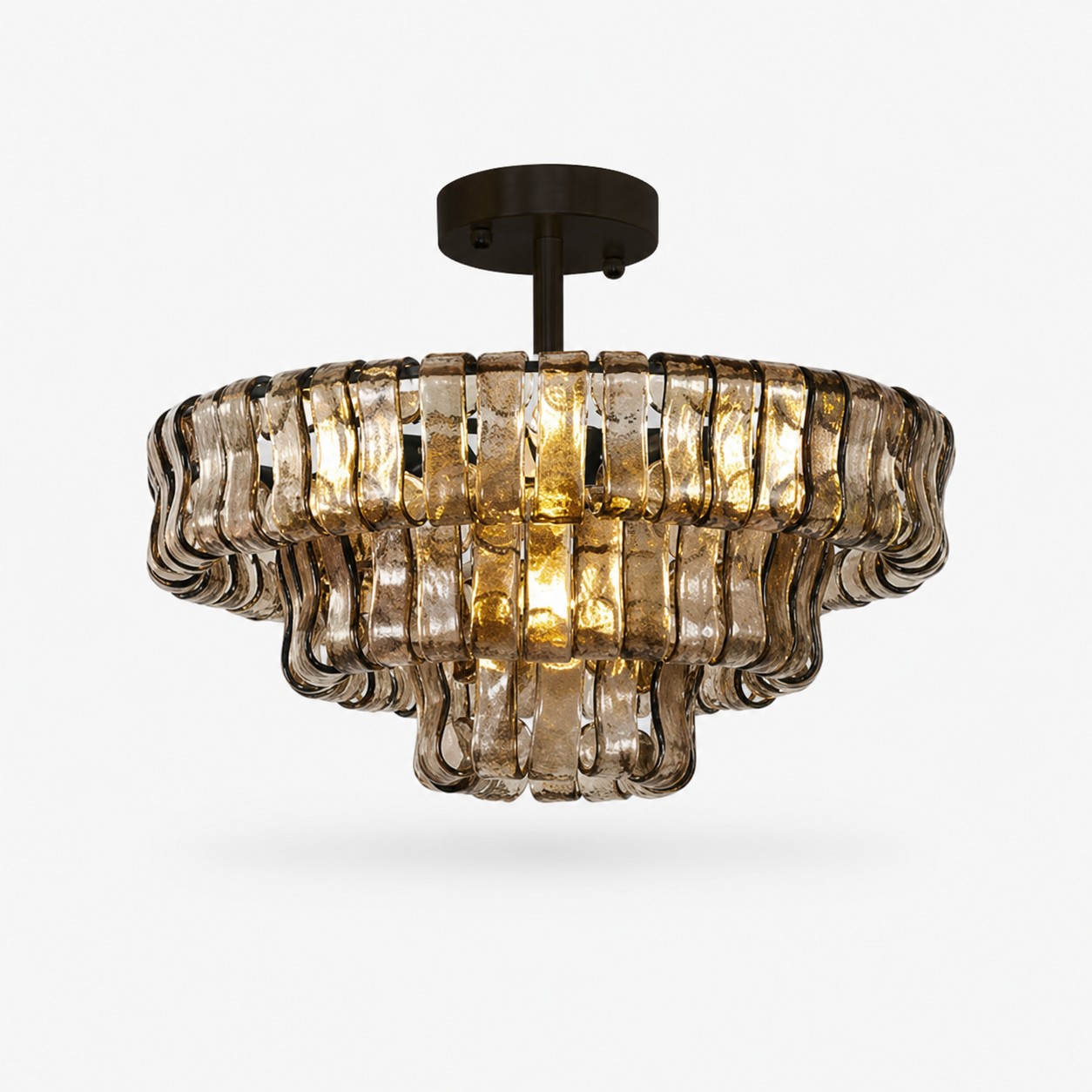 Lampadario vintage francese in vetro ondulato con vetro fumé Ø60 × H26 cm / Ø23,6 × H10,2 pollici