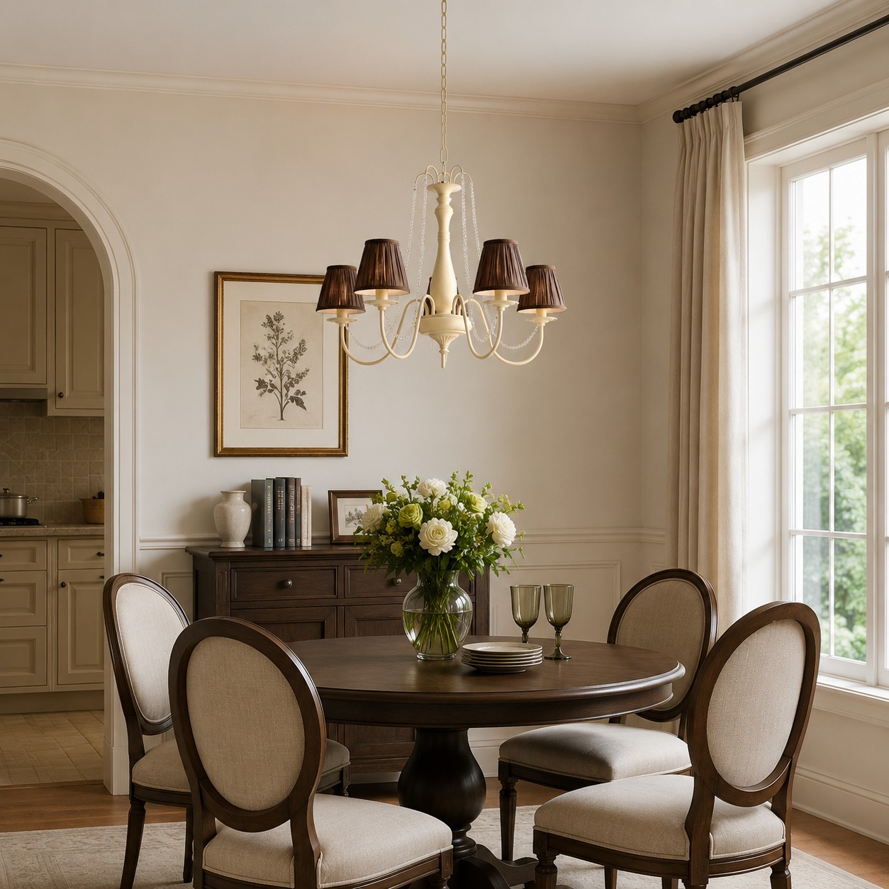 Lustre francês centralizado sobre uma mesa de jantar redonda em um interior neutro.