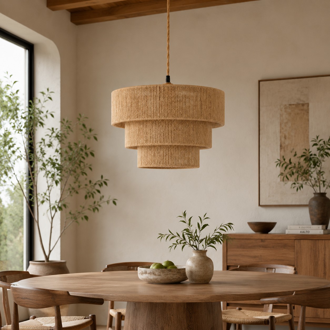 Woven pendant lamp installed over a natural wood dining area