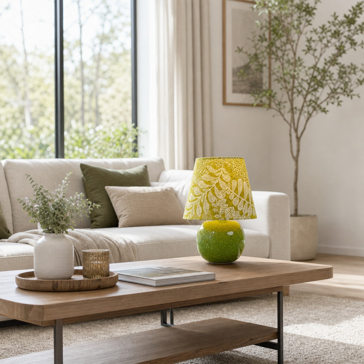 Tischleuchte mit botanischem Olivenmotiv in einem hellen, neutralen Wohnzimmer