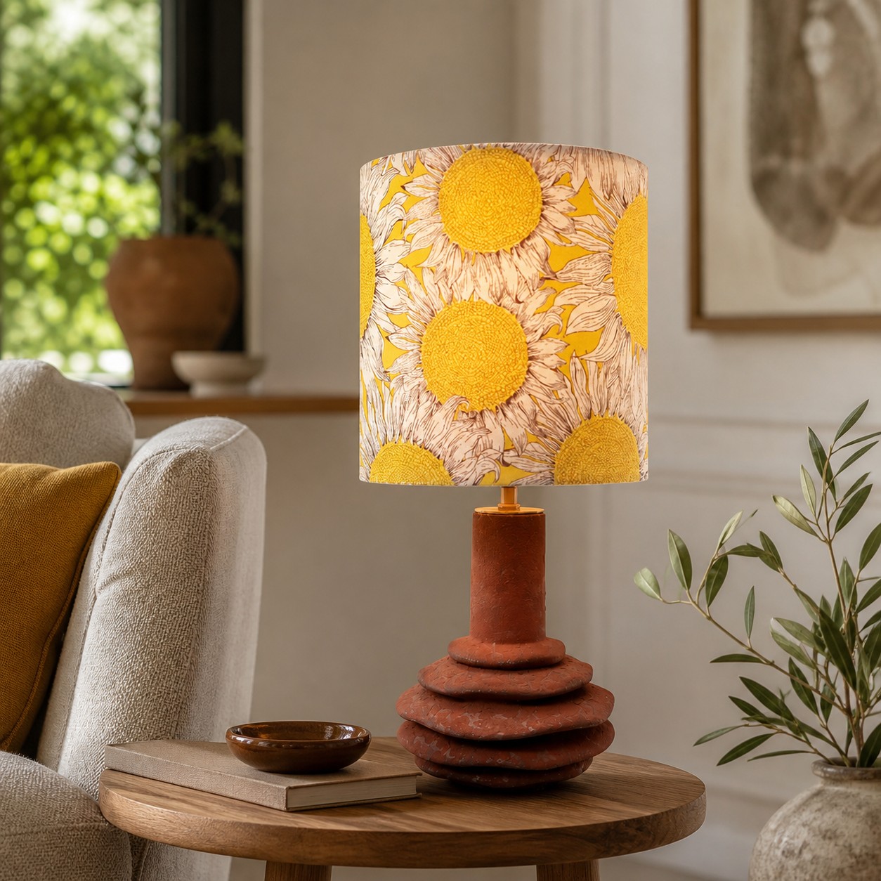 Lampada da tavolo in ceramica con paralume a forma di girasole su un tavolino da soggiorno.
