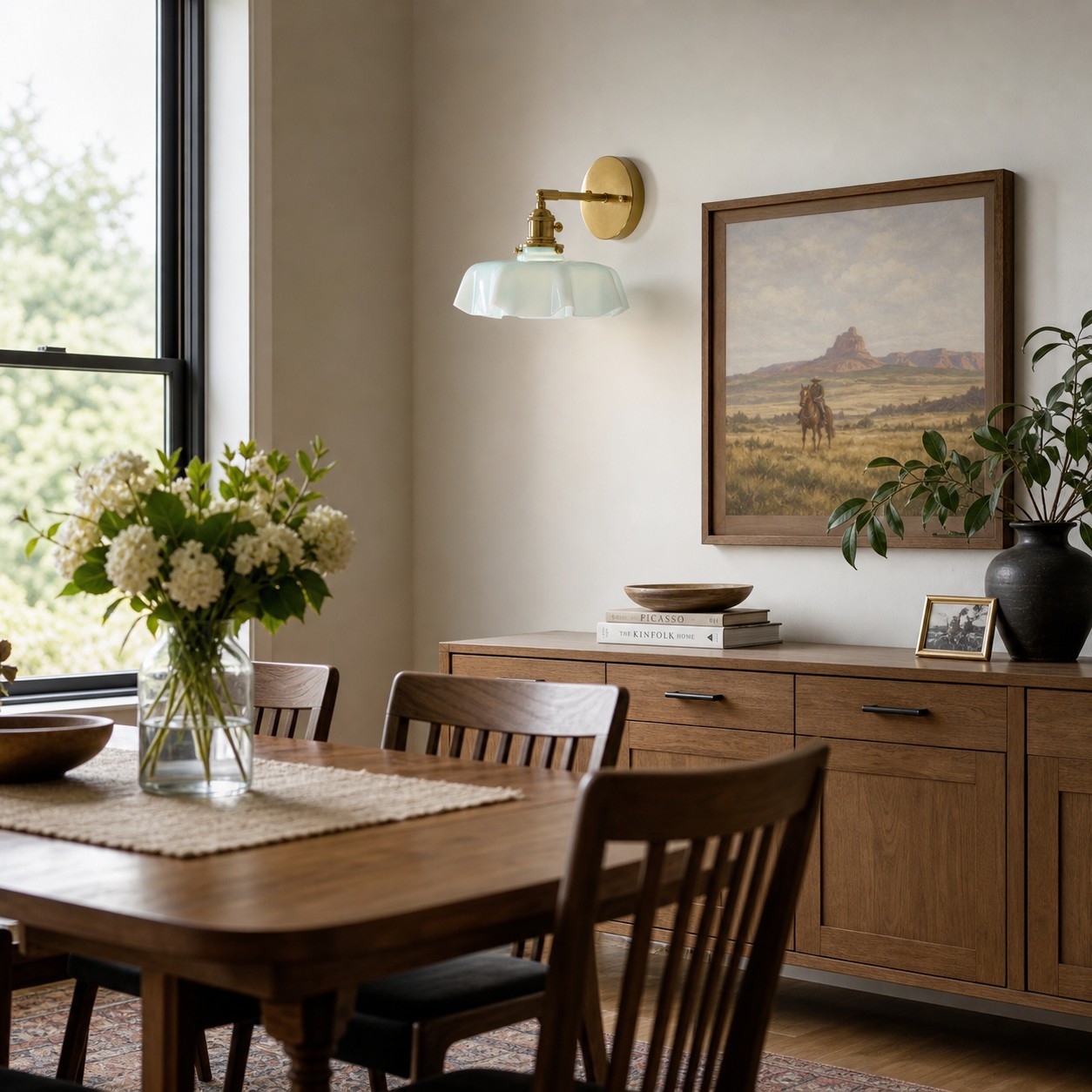 Wandleuchte aus blauem Milchglas und Messing im Esszimmer