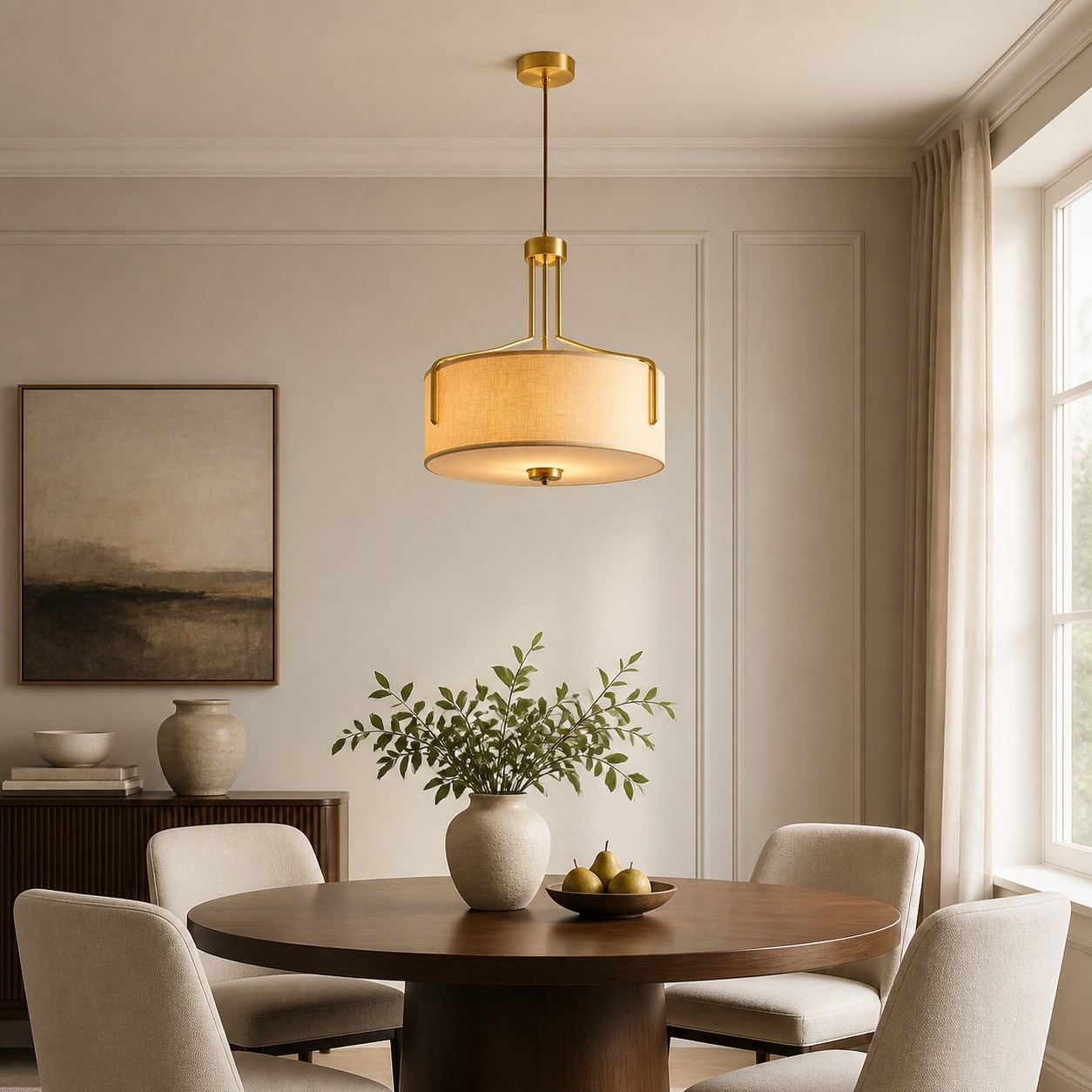 Lámpara colgante de tambor de tela en un luminoso comedor clásico.