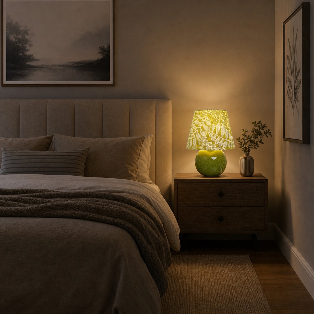 Eine botanische Tischlampe in Olivenform leuchtet auf einem Nachttisch im Schlafzimmer.