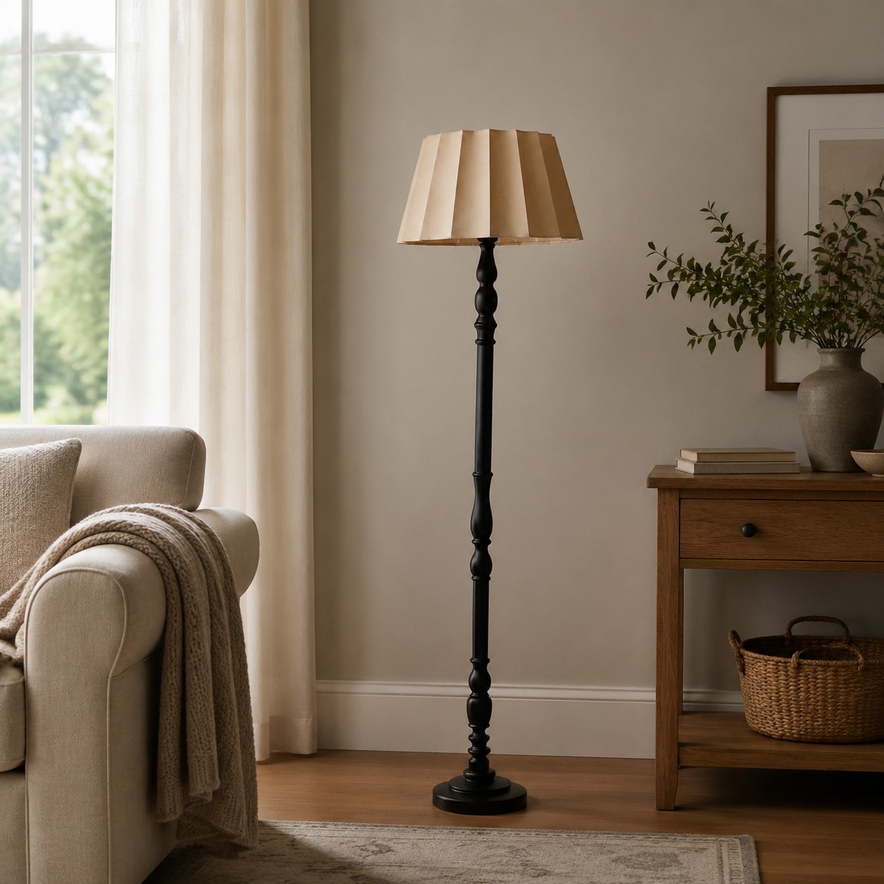 Vintage fabric shade floor lamp beside a sofa in a living room corner