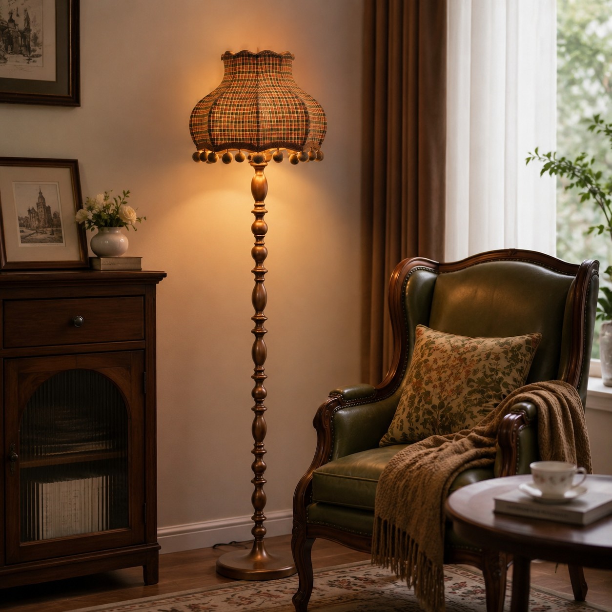 Blue orange check floor lamp glowing beside a leather reading chair