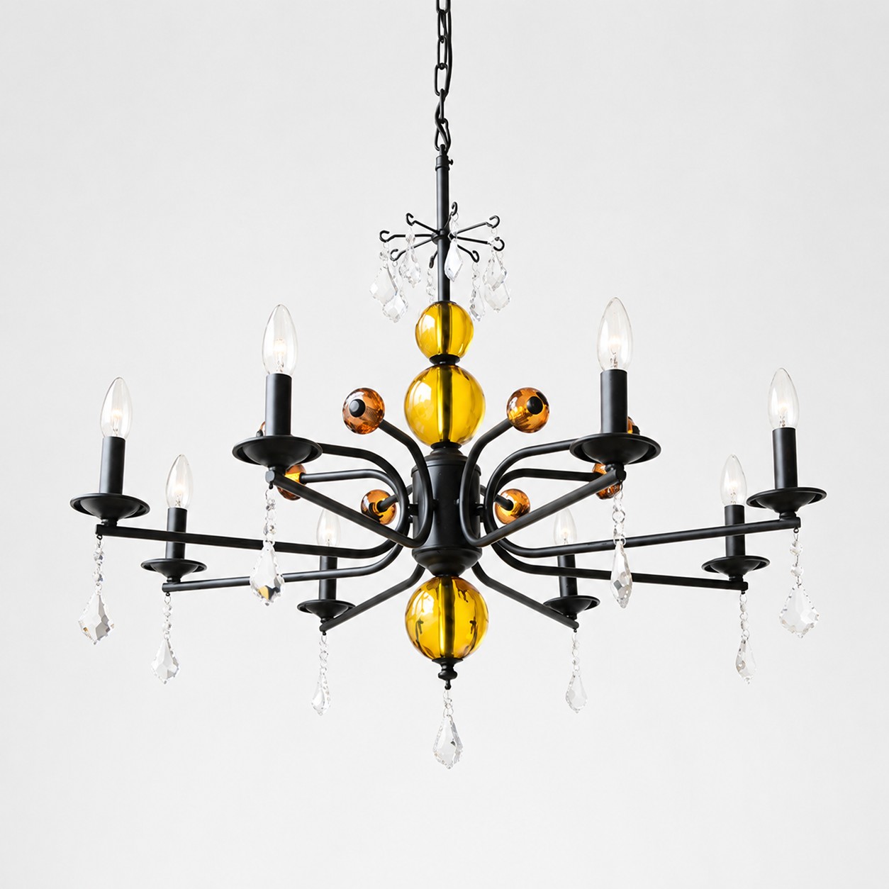 Lustre francês de oito luzes em vidro âmbar